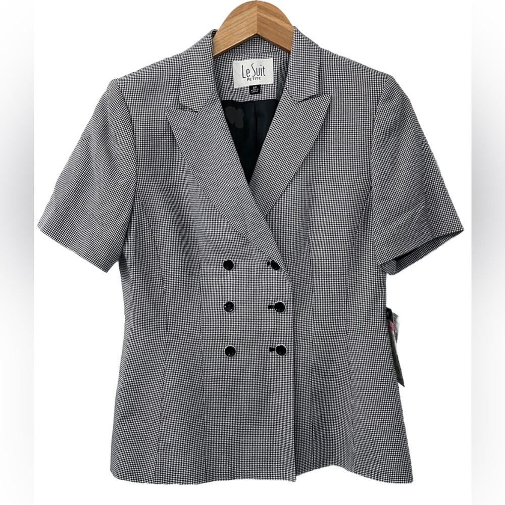 Le Suit Petite Blazer Women’s 6P Black White Houndstooth Short Sleeve NWT $200